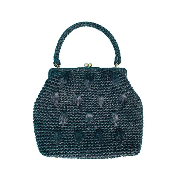 Vintage 1950s Black Raffia Purse Top Handle Large Handbag - Picture 3 of 6
